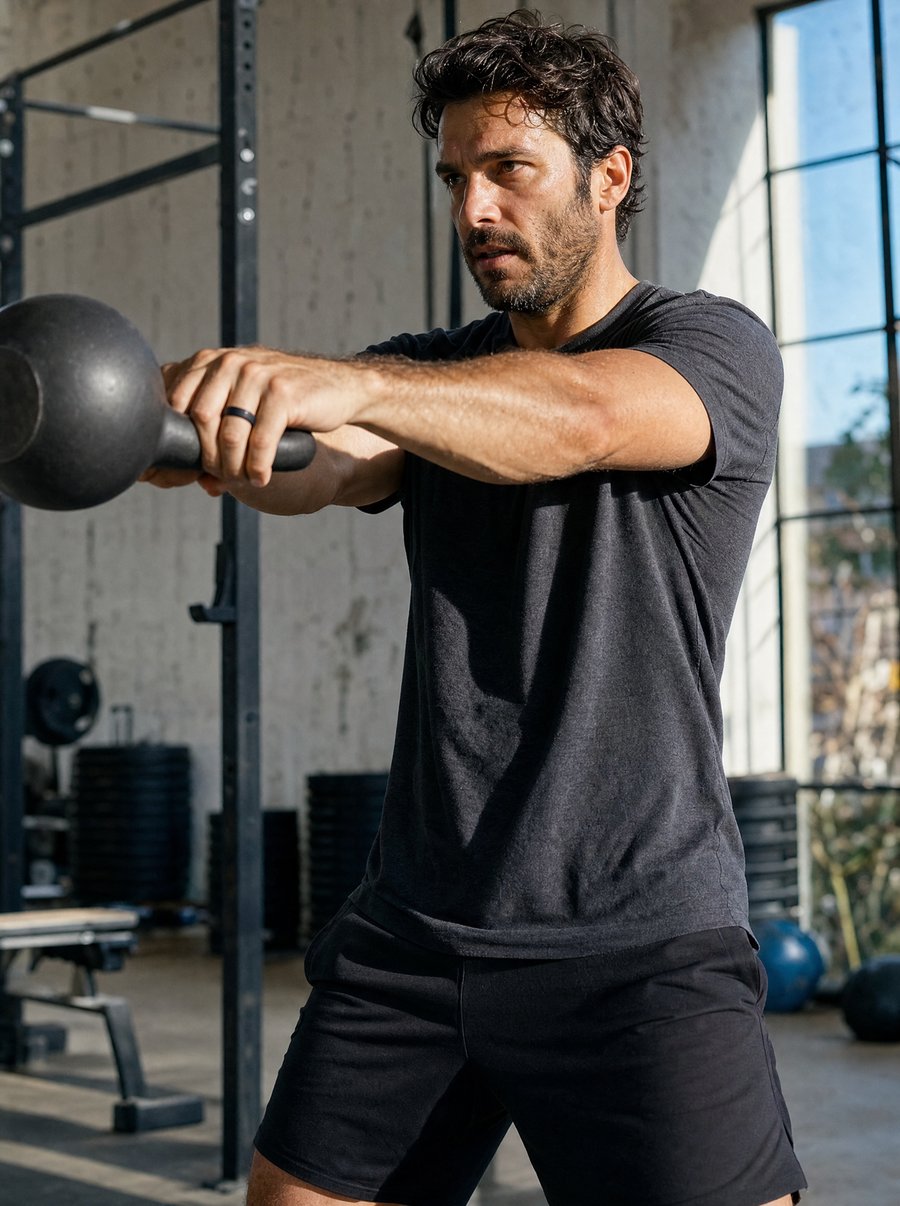Mann mit Kettlebell, Silikonring am Ringfinger